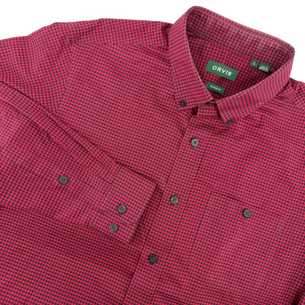 Orvis Mens L Classic Fit Red Black‎ Gingham Wrinkle Free Button Down Shirt Fish